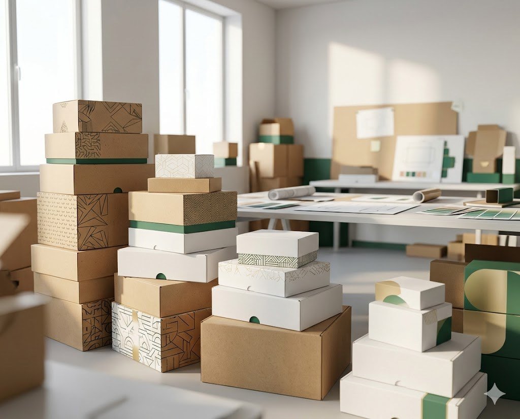 Custom packaging studio with printed mailer / shipping boxes and folding cartons