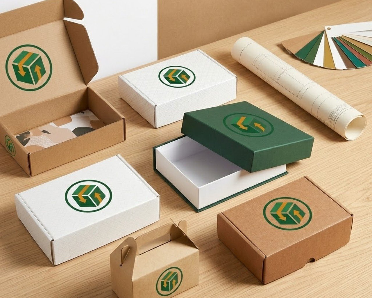 Custom packaging samples including mailer / shipping boxes, rigid boxes, and gable cartons with dielines and color swatches